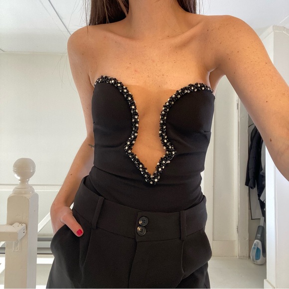 Nookie Adorn Crystal Beaded Cut Out Strapless Bodysuit in Black - Picture 2 of 14